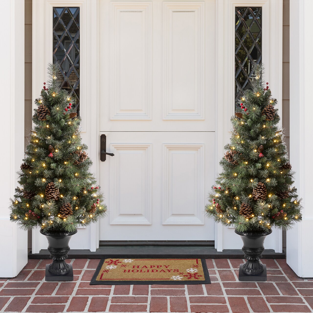 Set of 2/3 4ft/5ft/6ft Flocked Pinecone Christmas Potted Porch Tree With Warm White Lights
